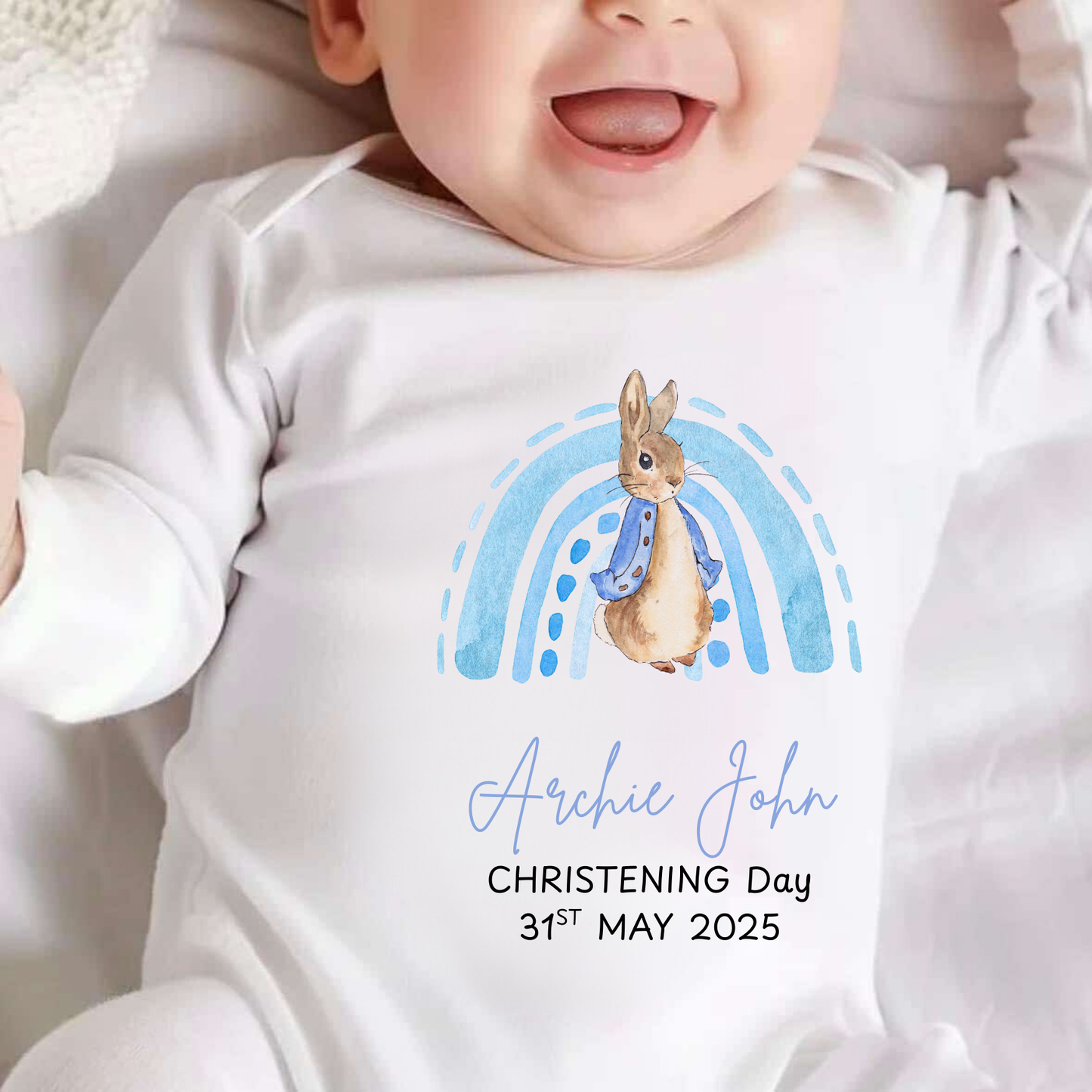 Personalised Rabbit On Your Christening Day Sleepsuit
