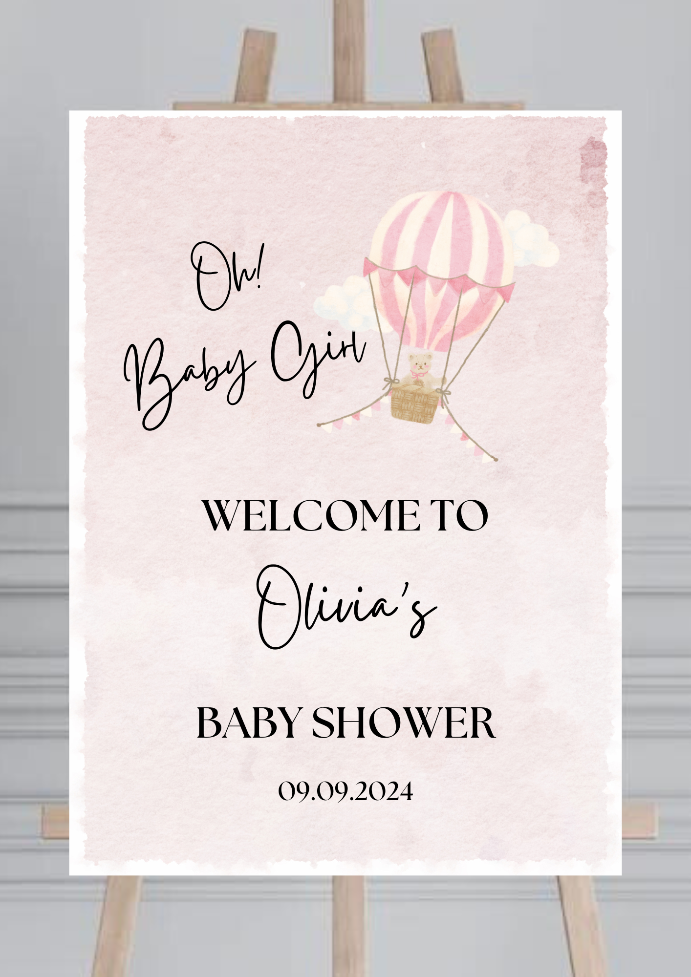 Pink Hot Air Balloon Baby Shower Welcome Sign