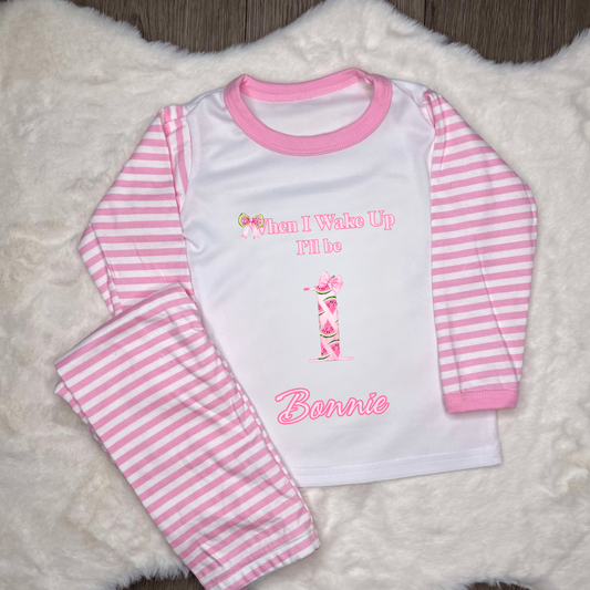 Personalised pink pyjama with watermelon themed number 10 and personalised text saying when I wake up I’ll be 1 with name