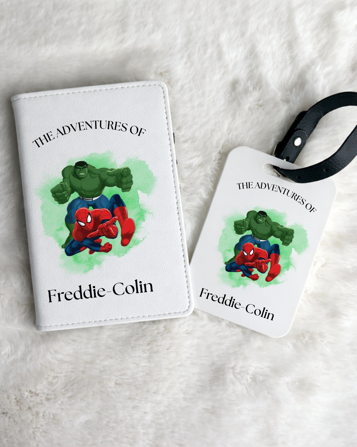 Personalised Hulk & Spidey Passport Holder and Luggage Tag Set