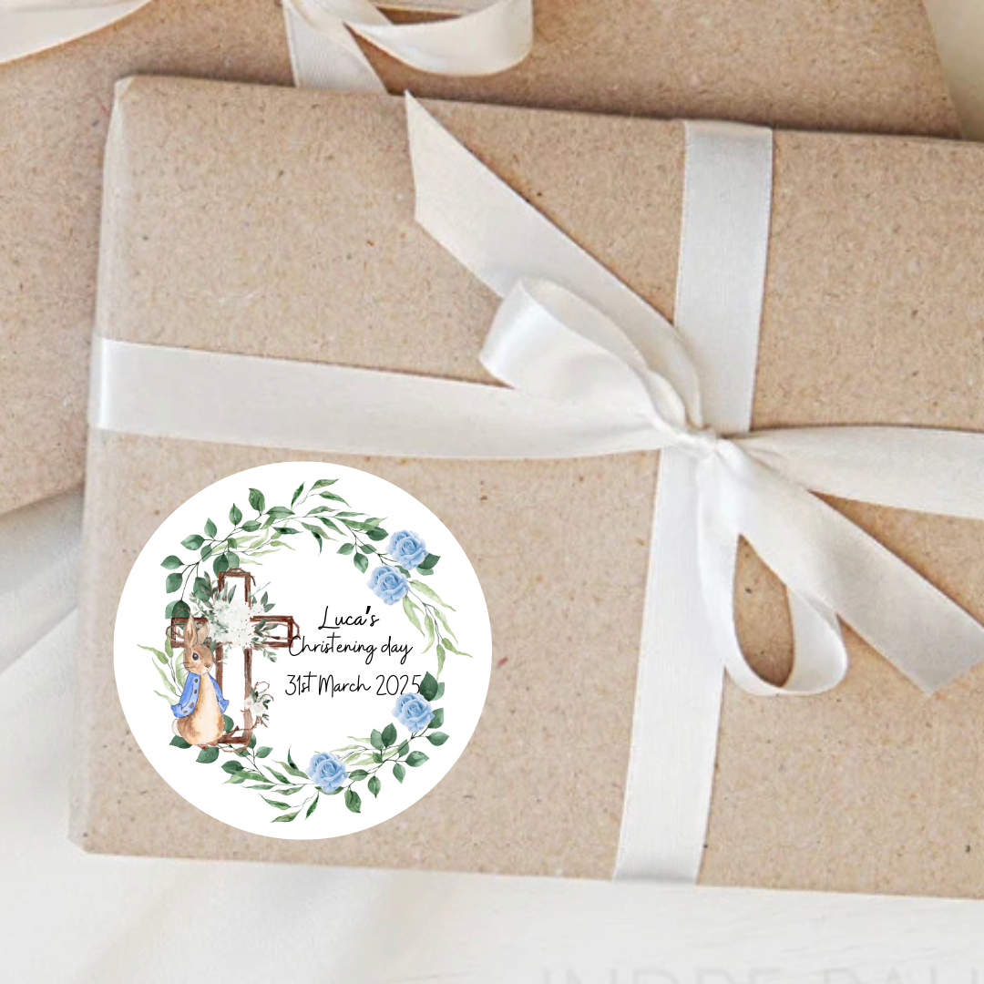 Personalised peter rabbit christening wreath stickers