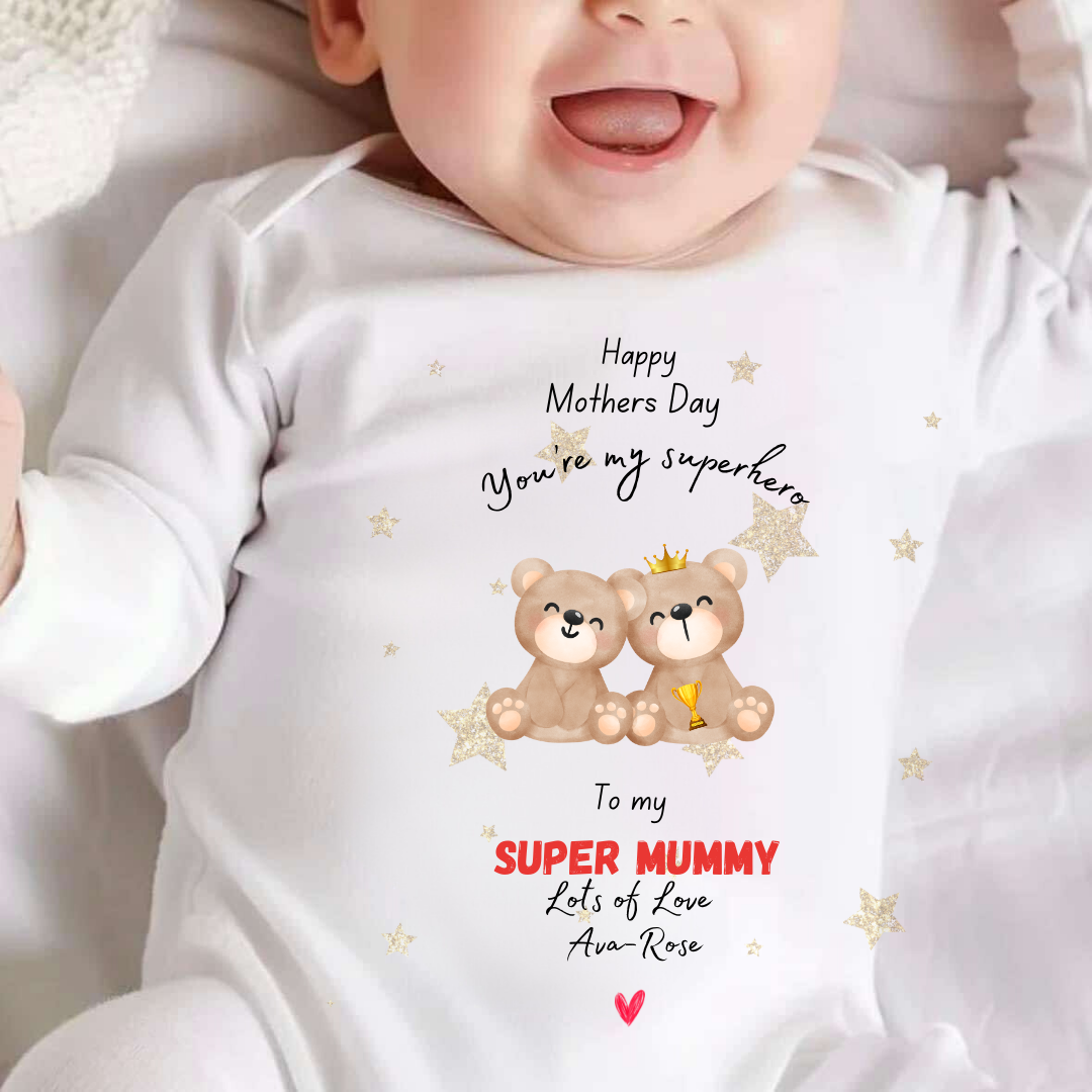 Personalised Happy Mothers Day To A Super Mummy Sleepsuit & T-shirt