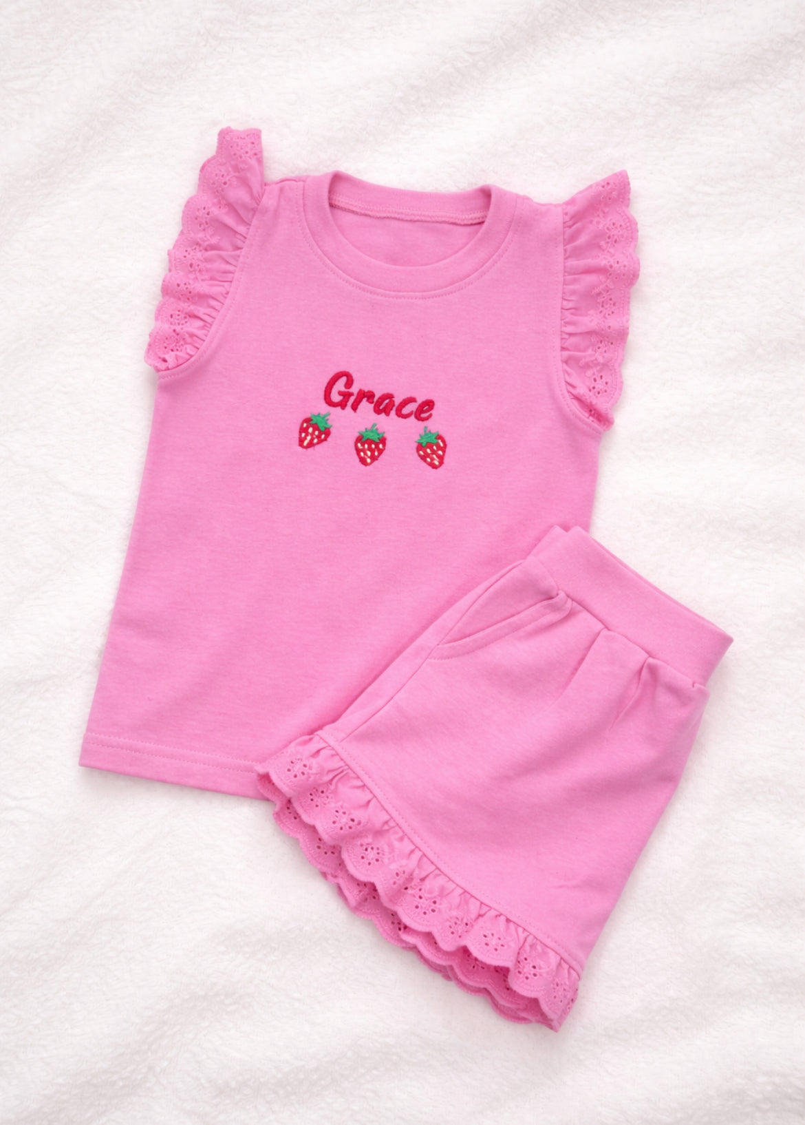 Girls Pink Embroidered Ruffle Top And Short Set