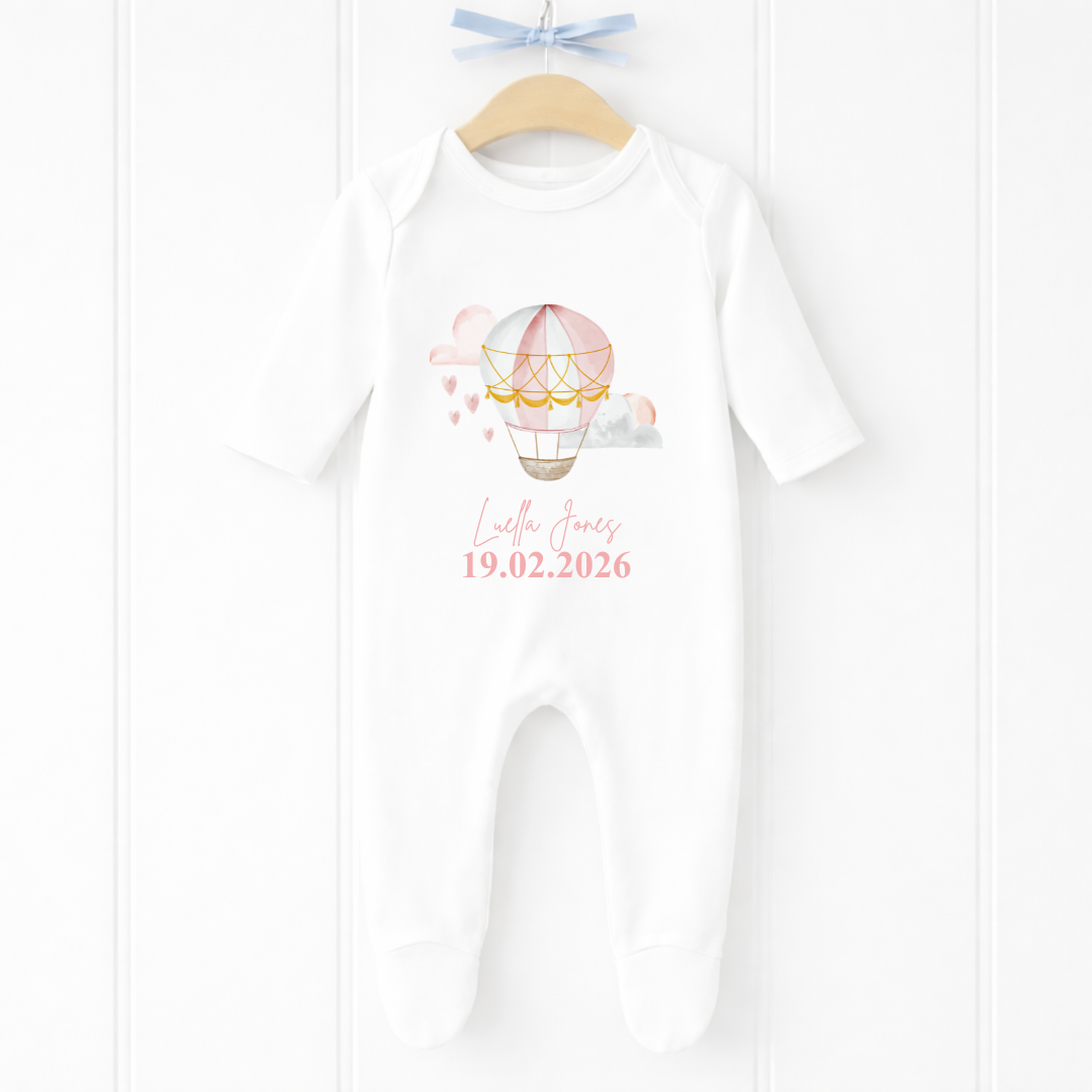 Personalised Pink Hot Air Balloon Baby Sleepsuit