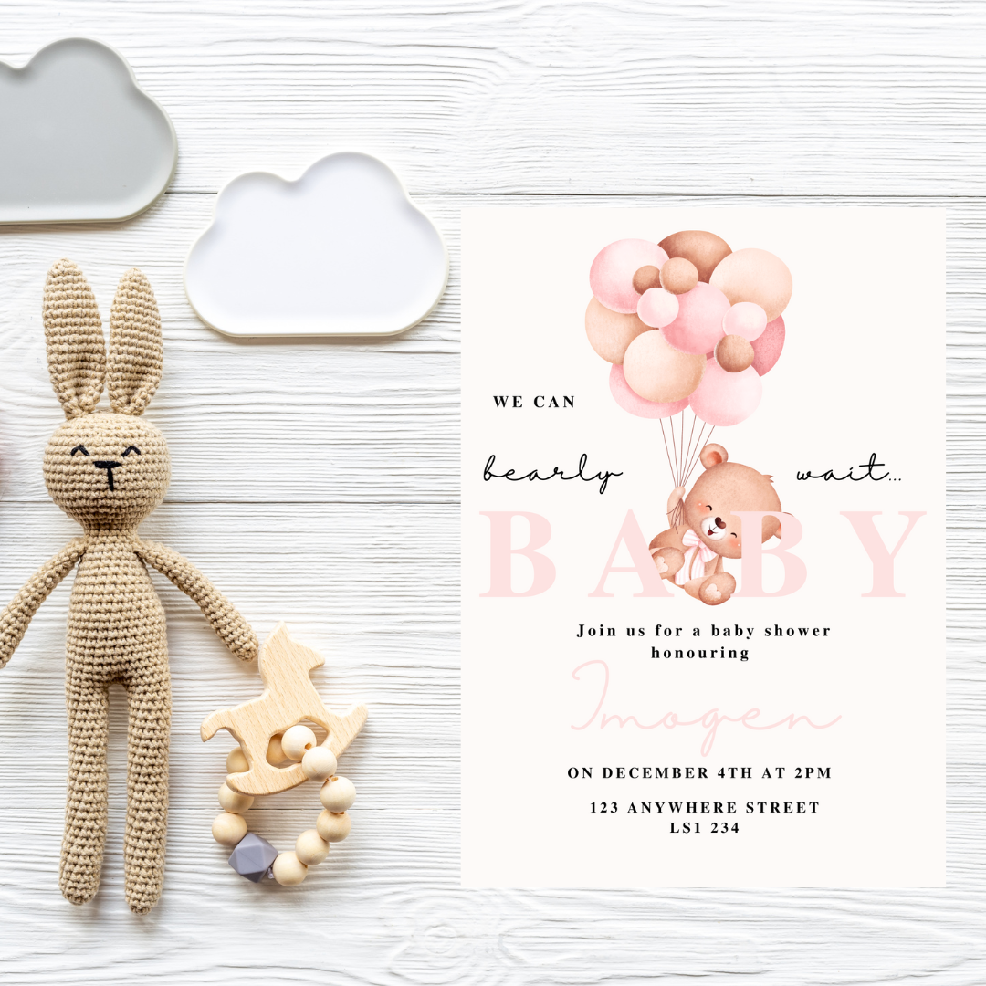 We can Bearly Wait Pink Baby Shower Invite