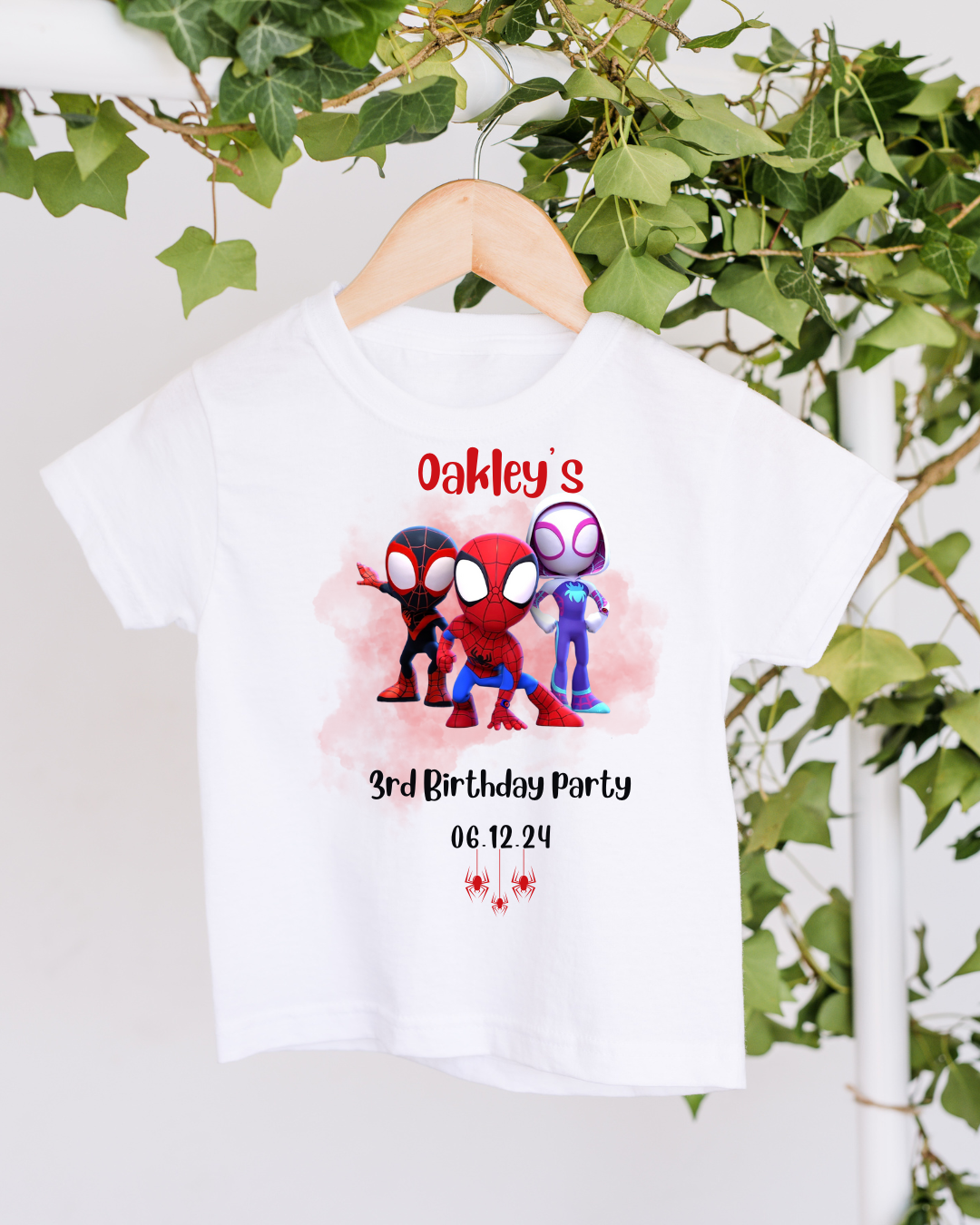 Personalised Spider Gang Birthday T-shirt showing the personalised design