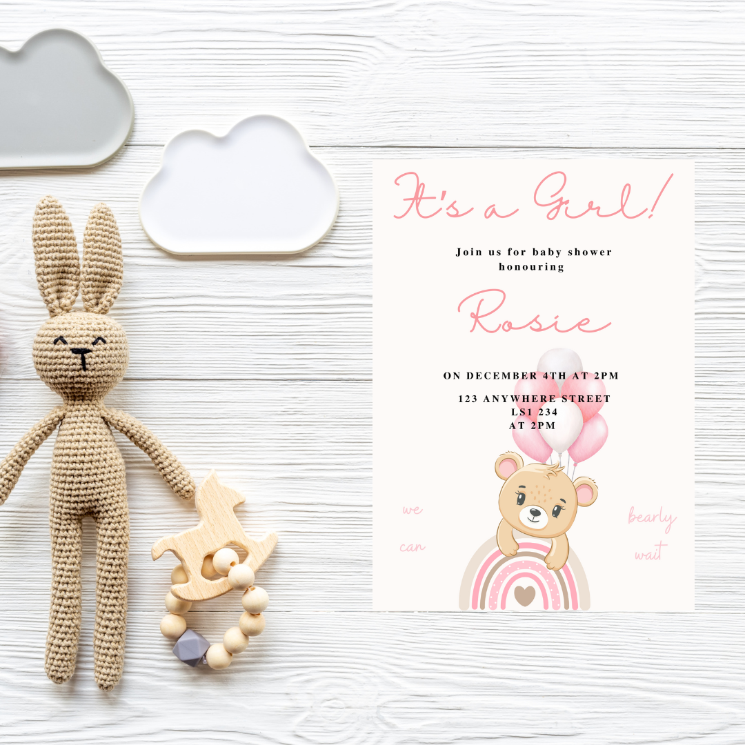 Pink Bear Baby Shower Invite