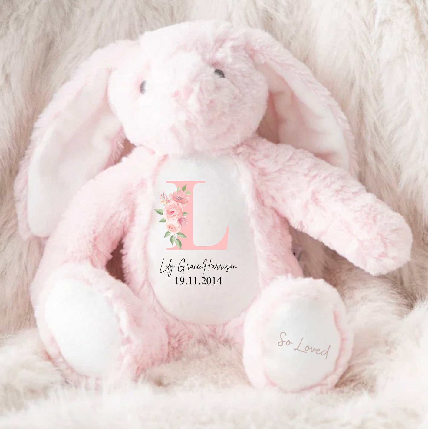 Personalised Floral Name and initials Bunny Rabbit Teddy