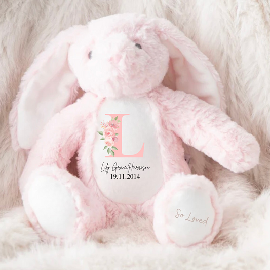 Personalised Floral Name and initials Bunny Rabbit Teddy