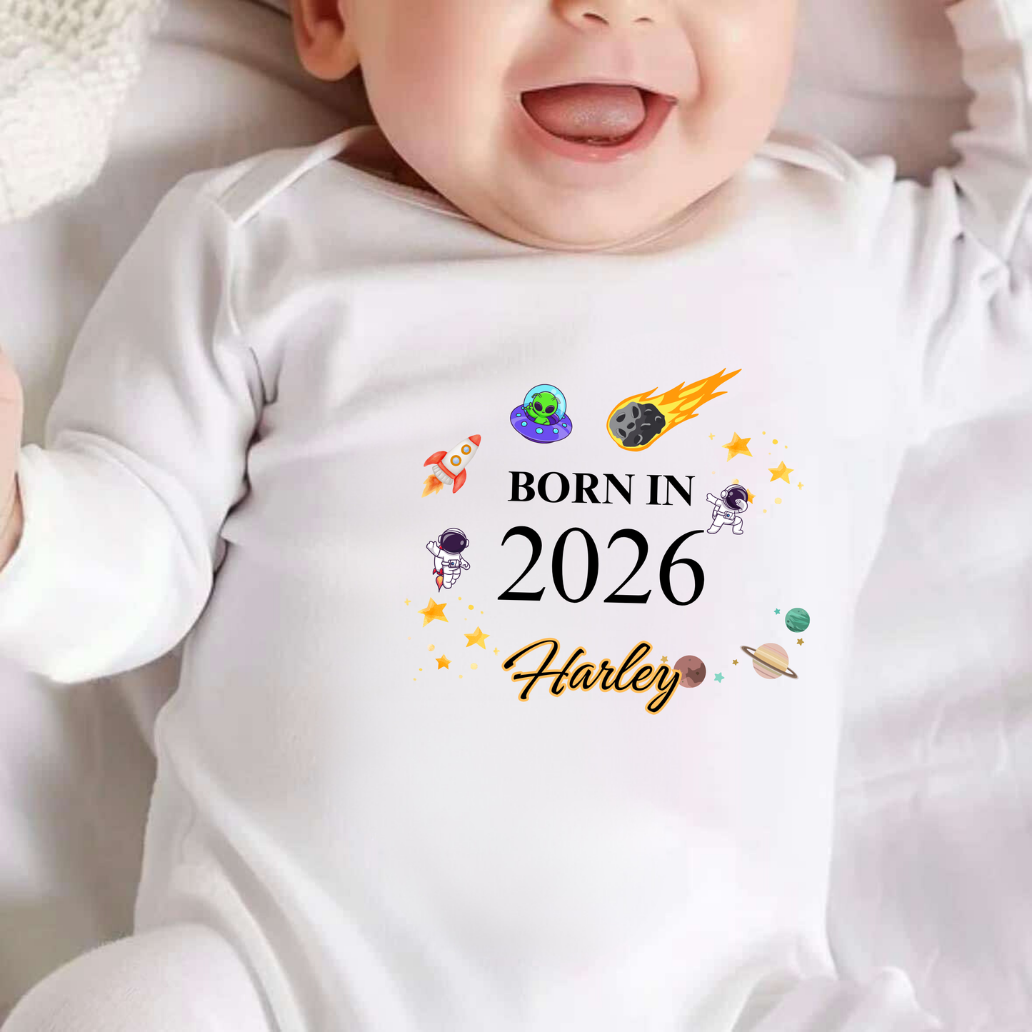 Personalised Born in 2026 Space Baby Sleepsuit