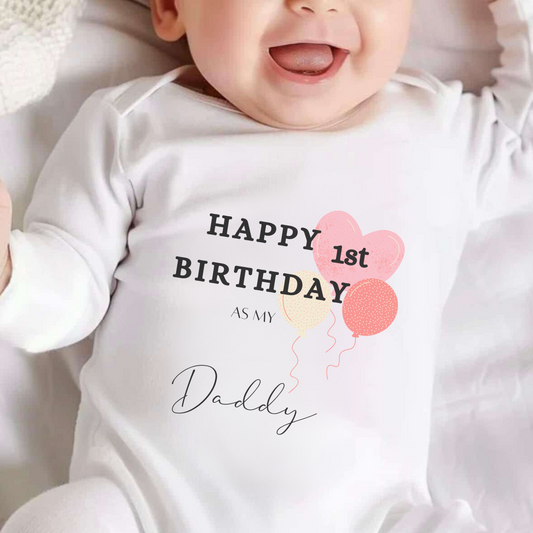 Happy 1st Birthday as my Daddy Pink Heart Baby Sleepsuit