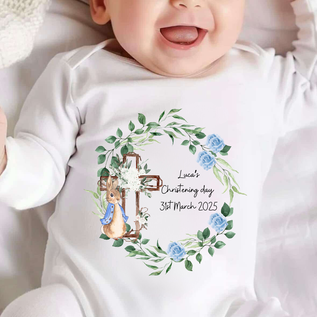 Personalised Christening Rabbit wreath Sleepsuit