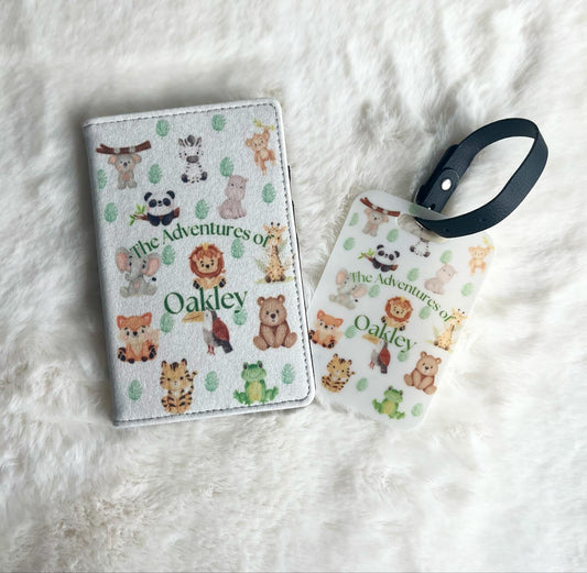 Personalised passport and luggage tag with safari designs and text saying the adventures of with a child name