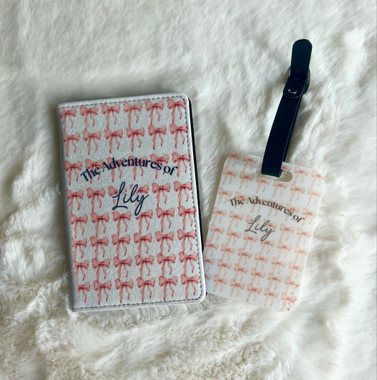 Personalised passport and luggage tag with bow designs and text saying the adventures of with a child name