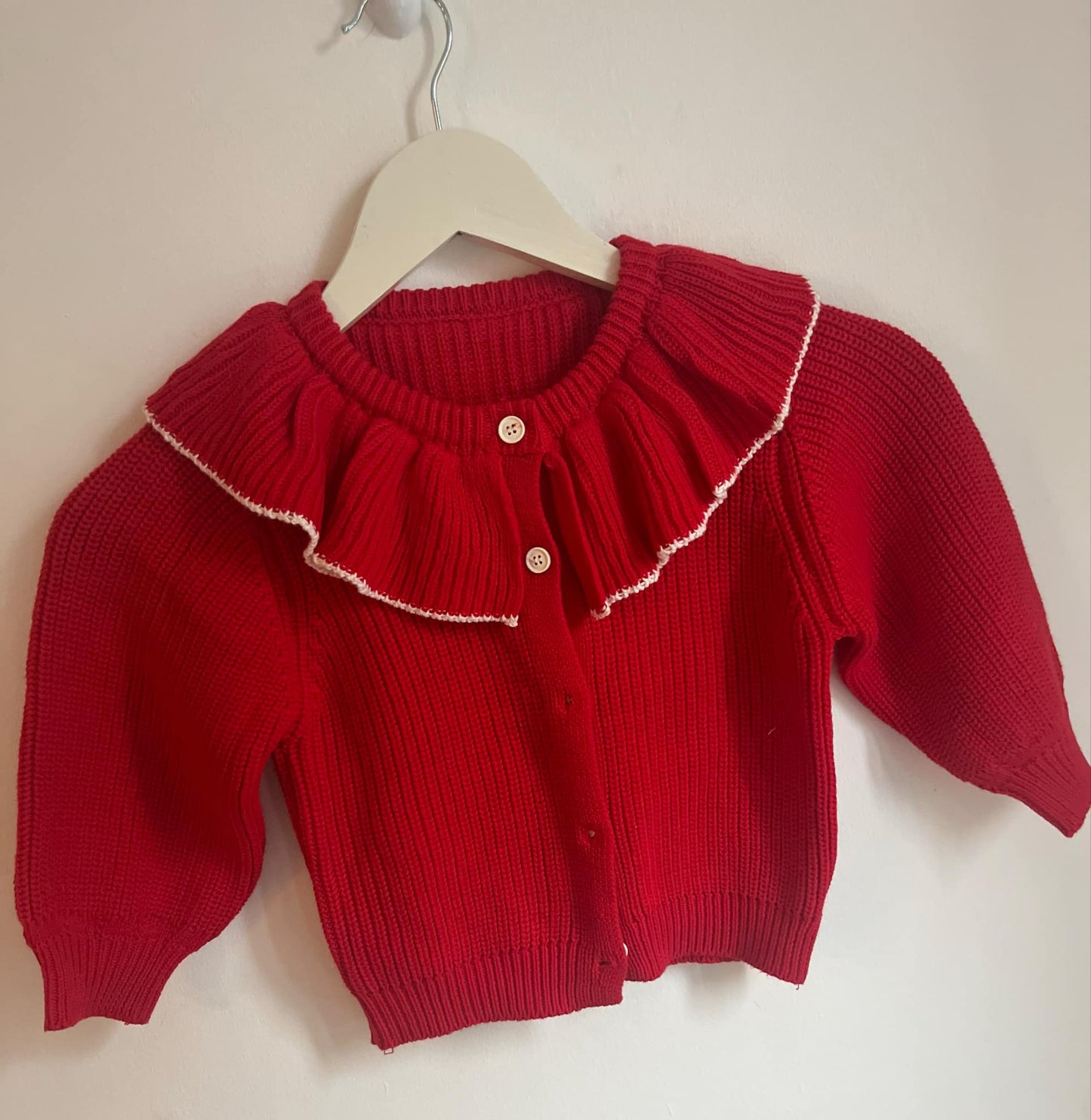 Embroidery Red Frilly Cardigan