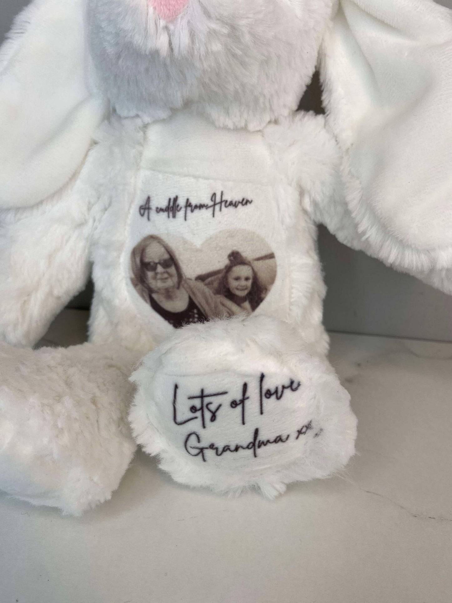 White Bunny with personalised photo of loved one with text' A cuddle from heaven'