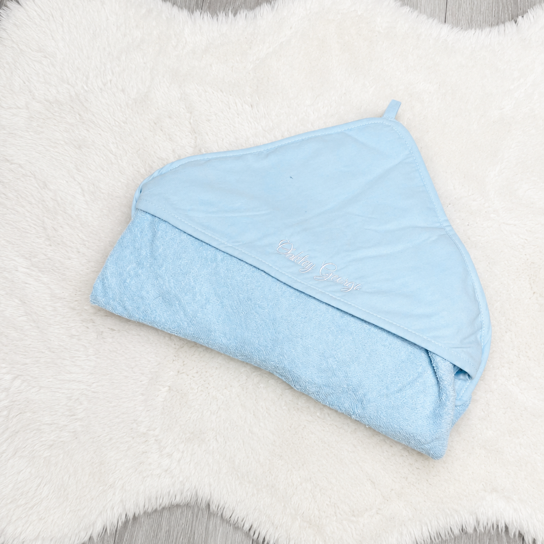 Personalised Embroidered Hooded Baby Towel showing the personalised design