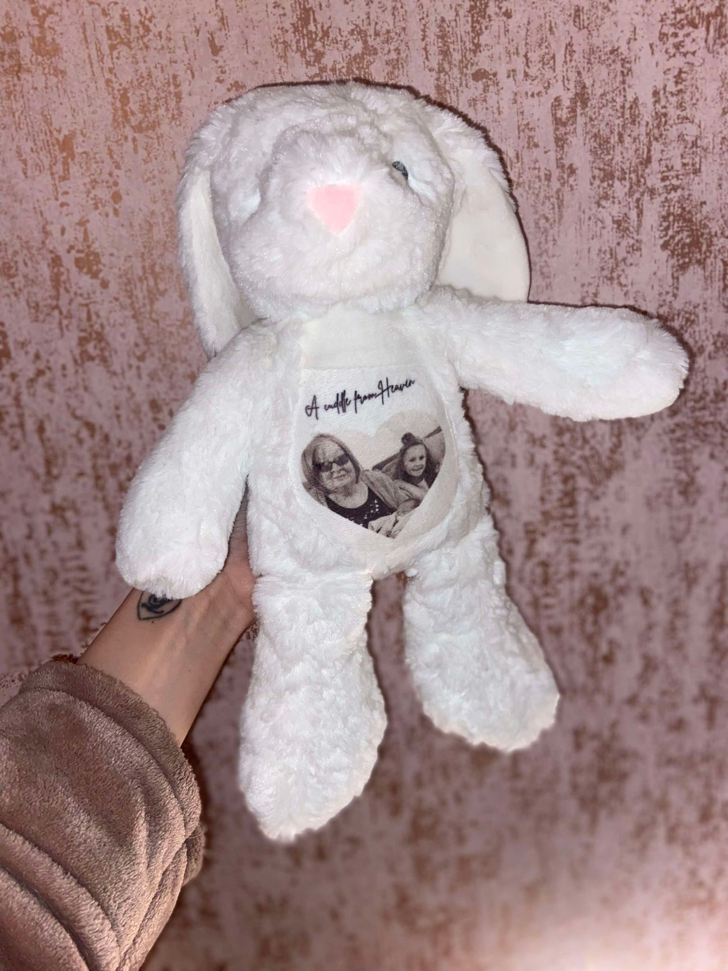 White Bunny with personalised photo of loved one with text' A cuddle from heaven'