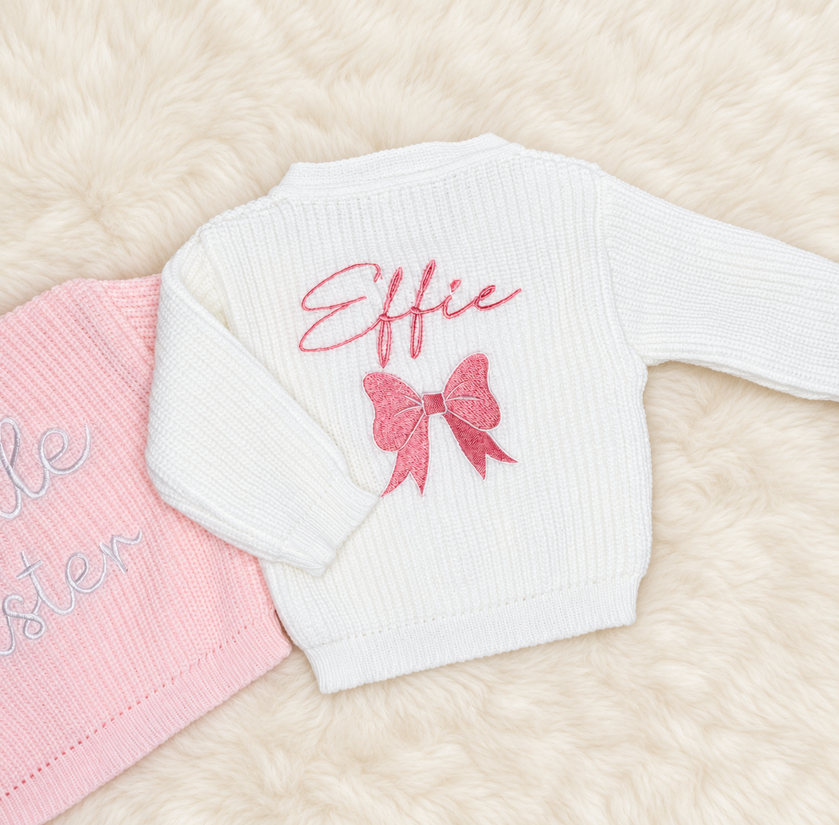Personalised White Ribbed Knitted Baby Cardigan with design