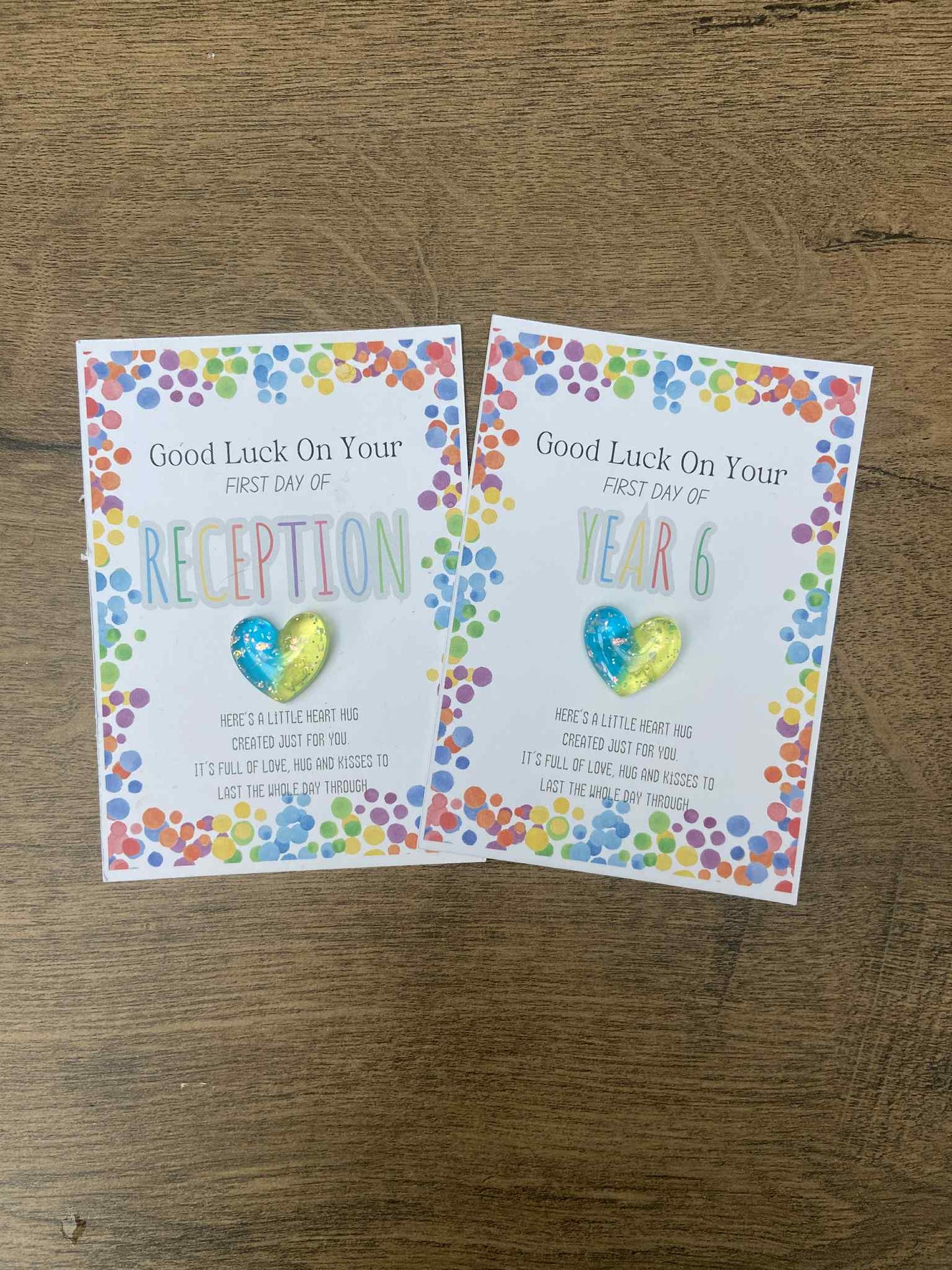 Little 3d colourful hearts on backing card saying goodluck on your first day