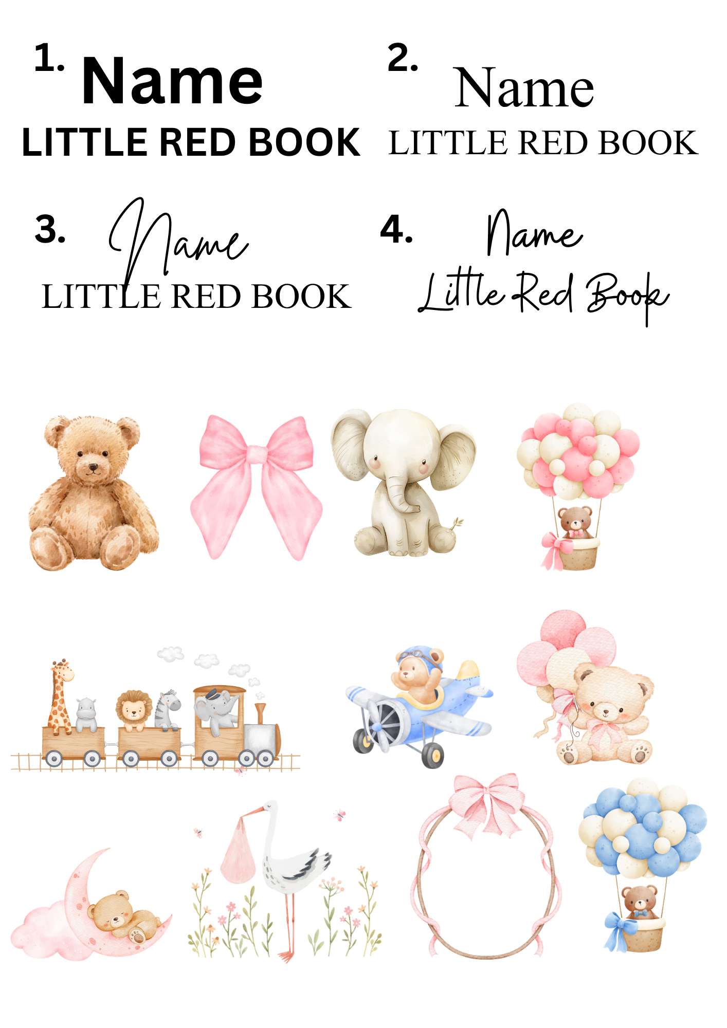 A baby shower themed 'Little Red Book' name card template featuring watercolor illustrations of teddy bears, an elephant, a train, an airplane, balloons, and bows on a white background.