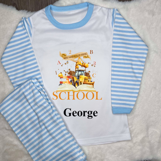 Blue striped pyjamas with digger  design personalisation saying when I wake up I start school