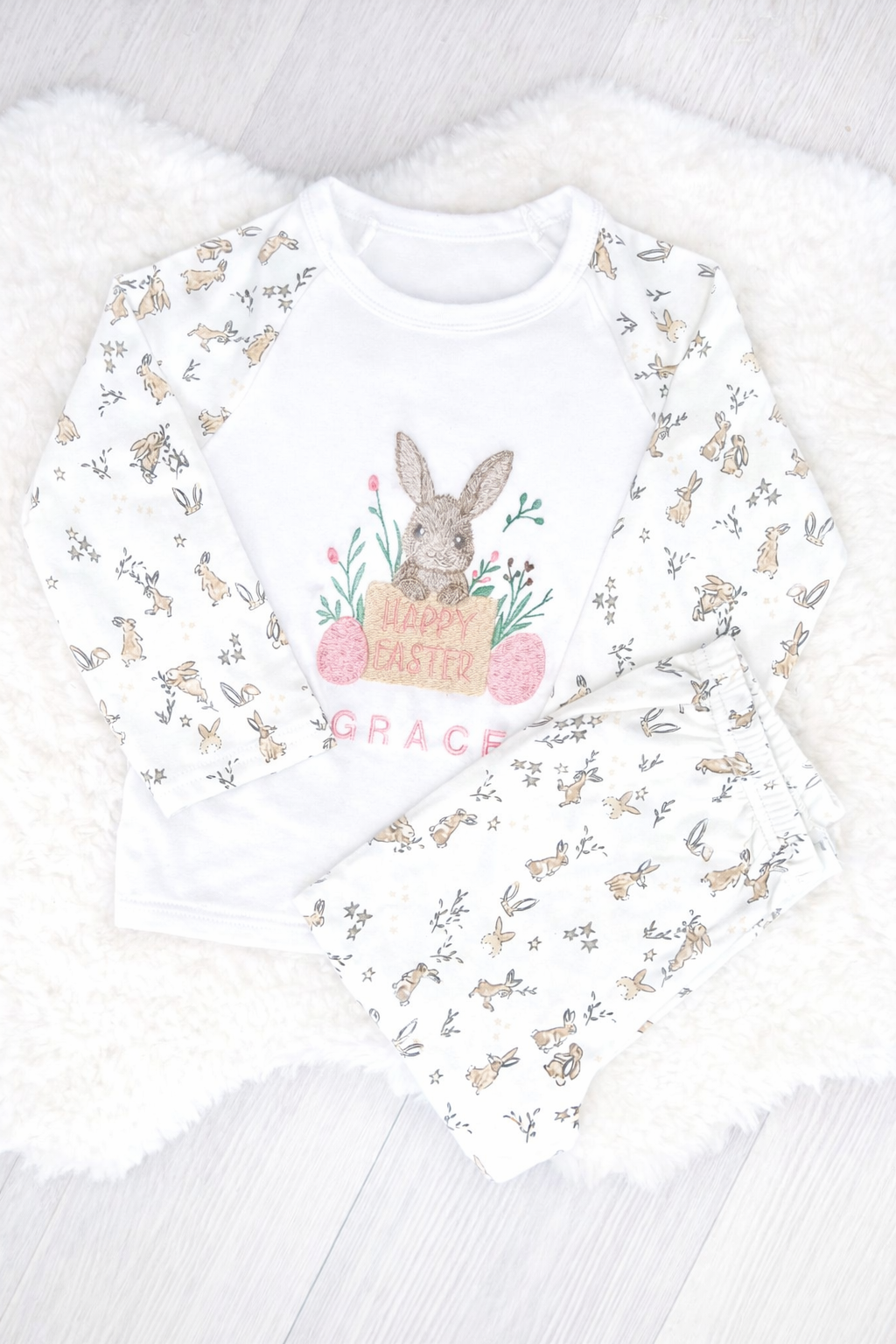 Personalised Easter Childrens Pyjamas with easter bunny design and name
