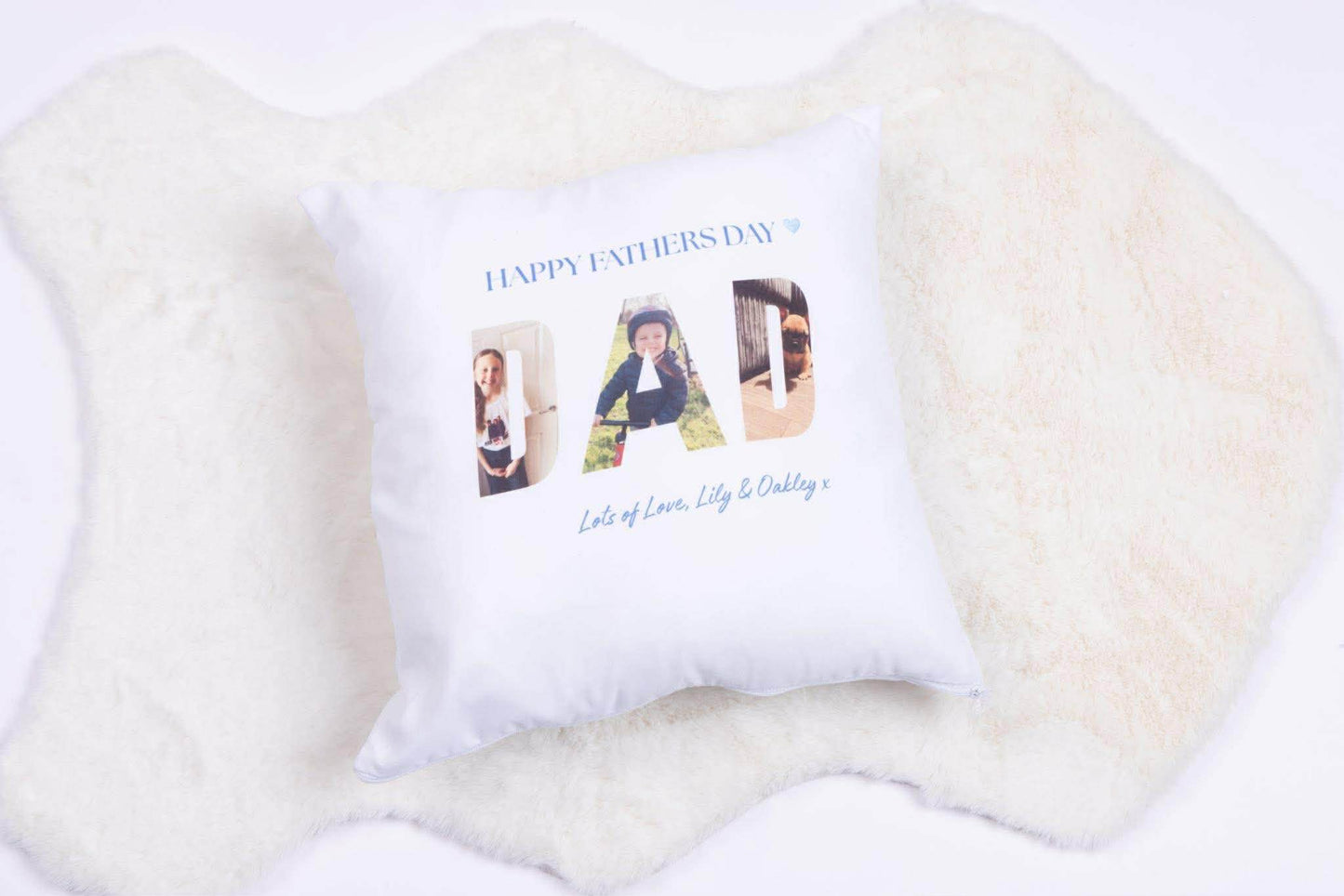 Personalised Father’s Day photo cushion with custom images and text, 40x40 filled pillow gift for Dad