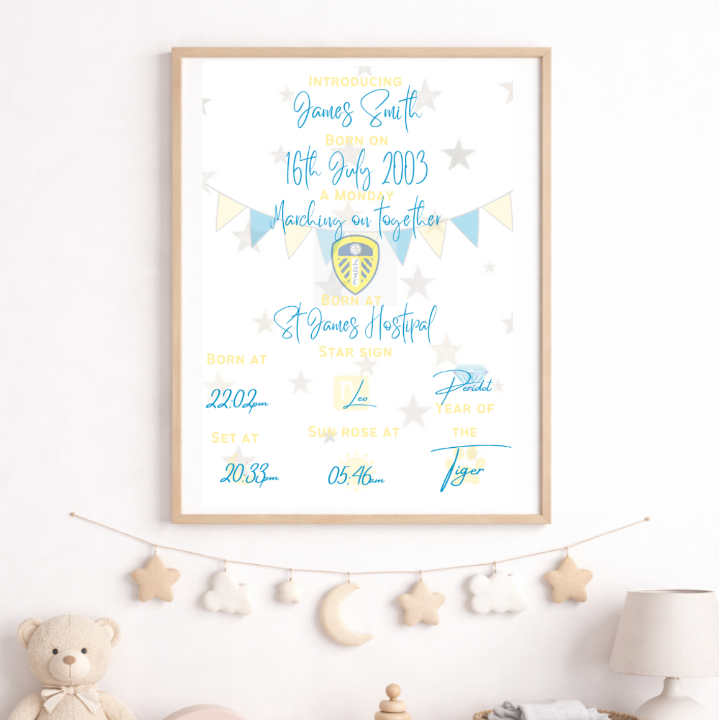Framed artwork with text and graphics on a wall above a wooden cabinet with toys.
