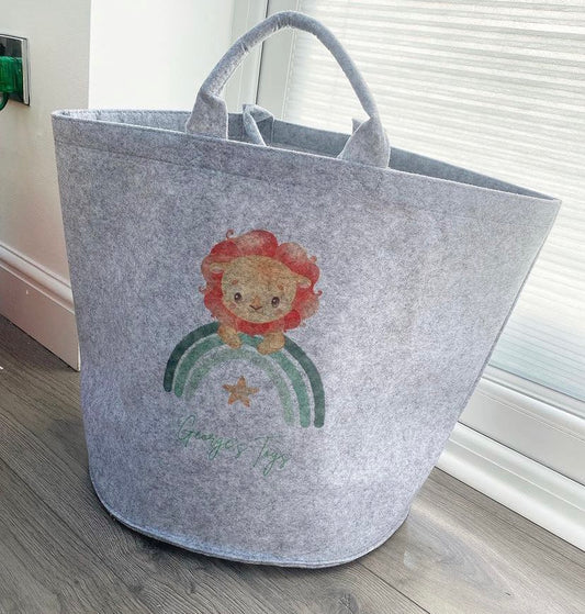 Personalised Grey Lion Storage Bag with Georges Toys In green