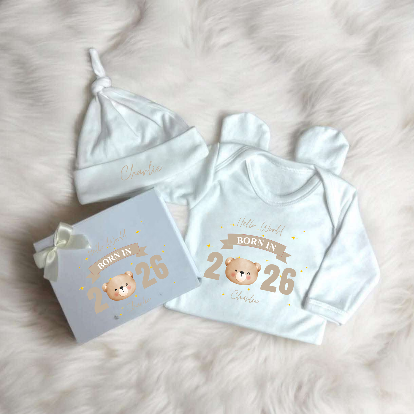 Personalised born in 2026 baby gift set with sleepsuit, hat and keepsake box