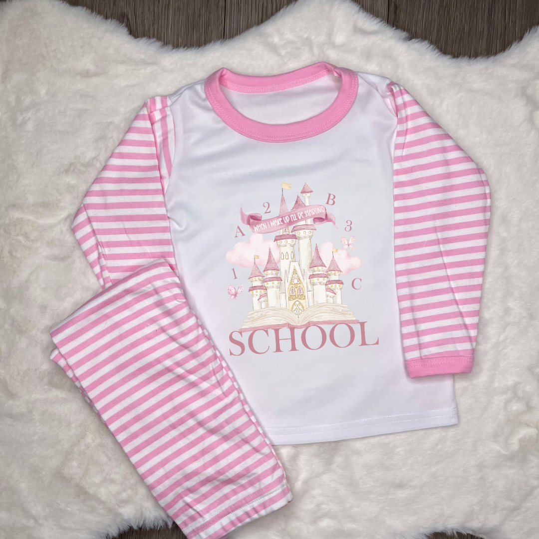 Pink striped pyjamas with personalisation saying when I wake up I start school
