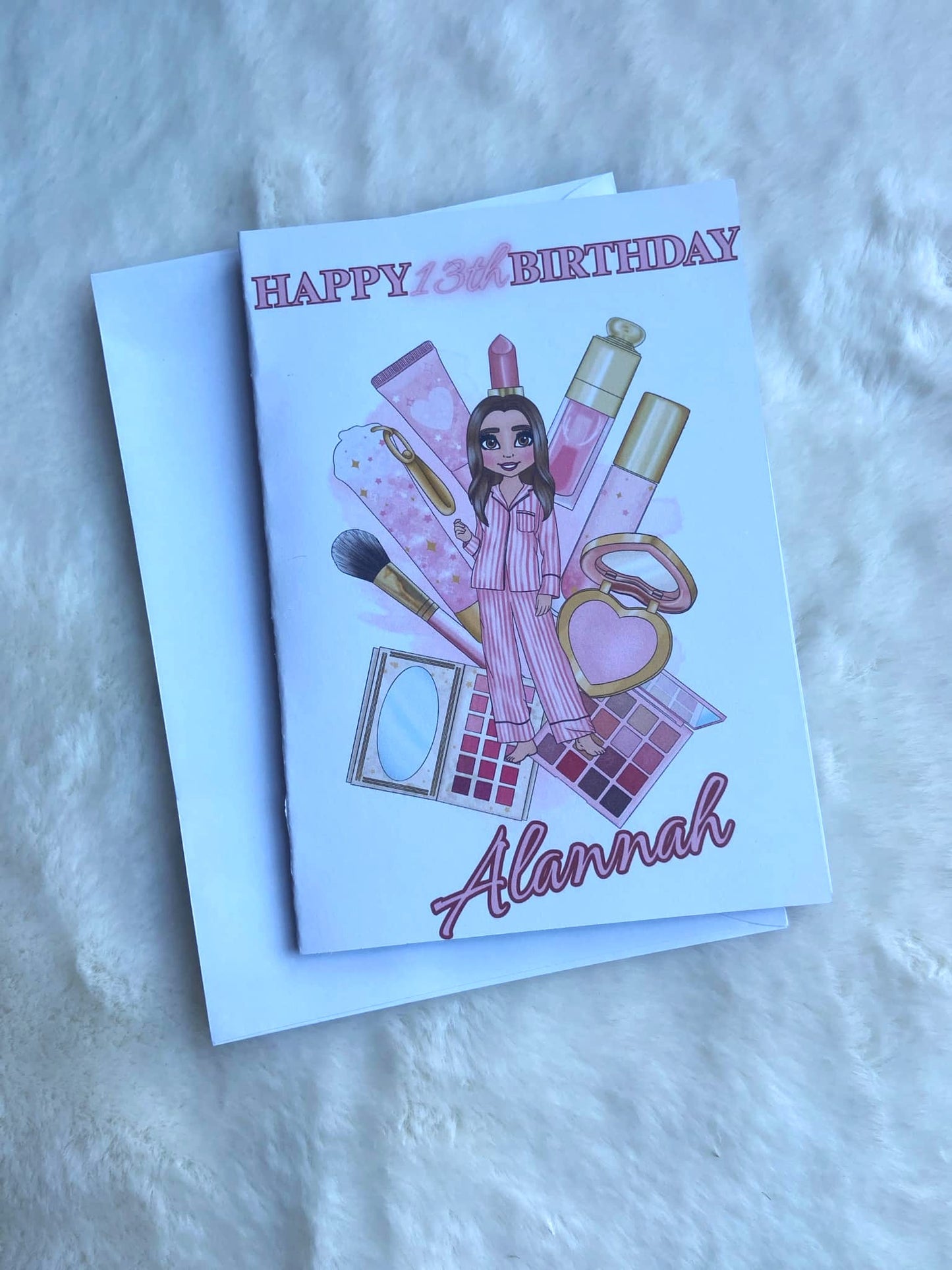 Personalised plousie happy birthday card with image of make up and little doll