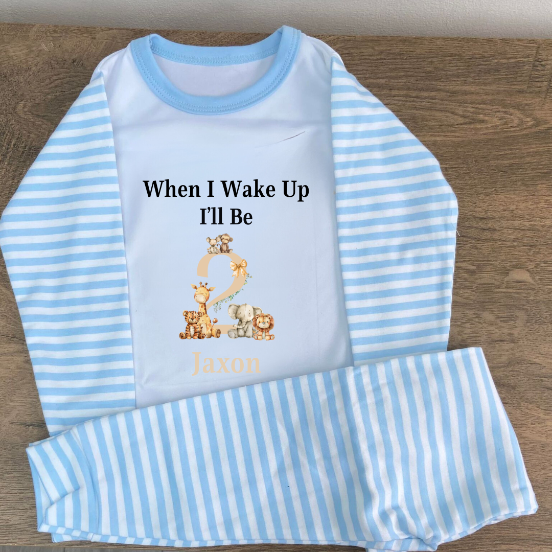 Blue striped pyjamas with the text when i wake up ill be 4 with animals around the number