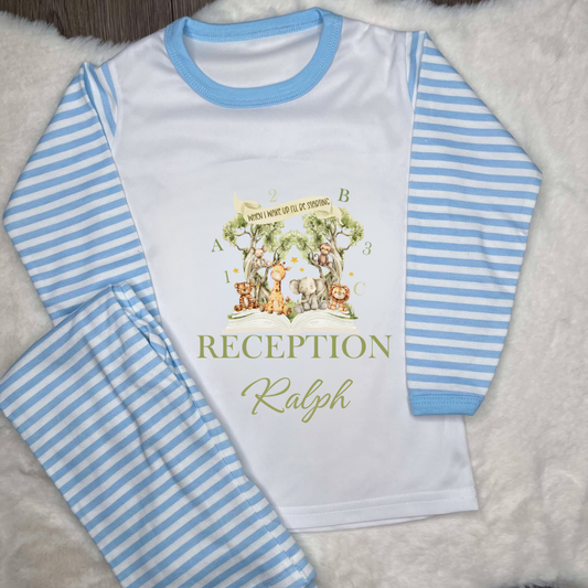 Blue striped pyjamas with safari design personalisation saying when I wake up I start reception