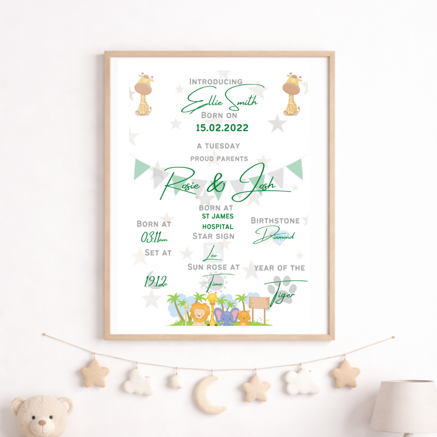 Personalised Safari The Day I Was Born Baby Birth Keepsake Print
