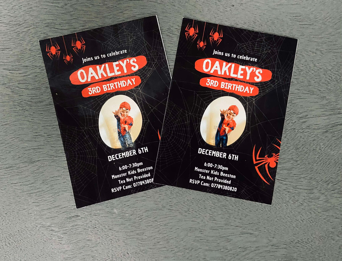 Personalised Spider Themed Birthday Party Invitations with image of child