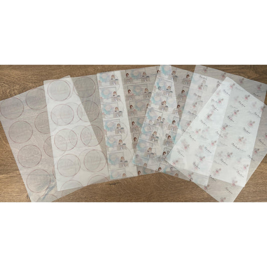 Transparent Vellum A4 papers covered in business logos . Used for business packing