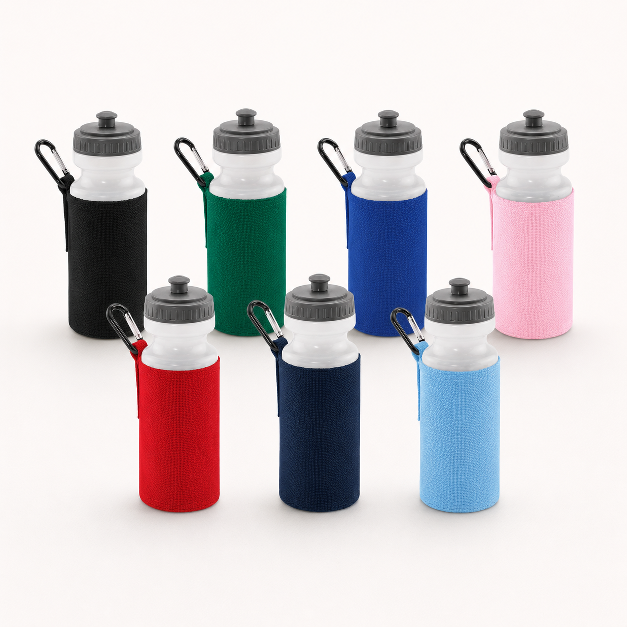 Six reusable water bottles with gray screw-top lids and black carabiner clips, each shown with a different neoprene bottle sleeve in black, green, blue, pink, red, and light blue, arranged on a light gray background.