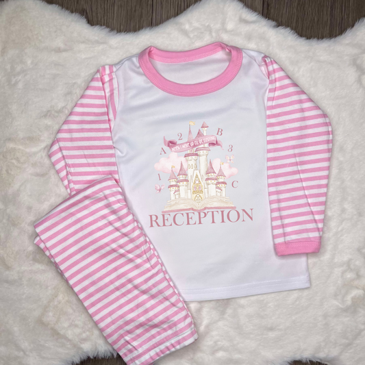 Pink striped pyjamas with personalisation saying when I wake up I start reception