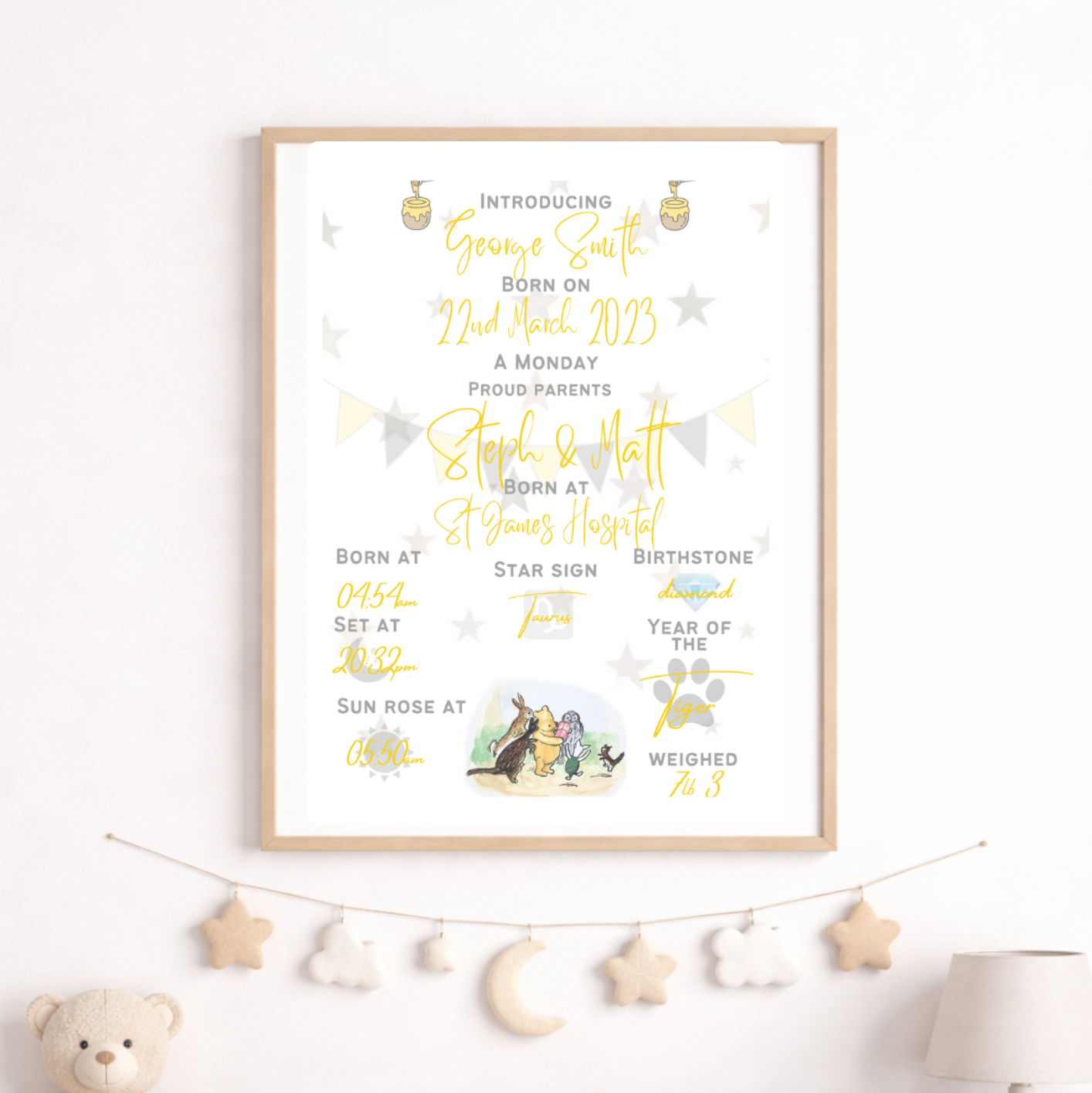 Personalised Winnie The Pooh Baby Birth Print