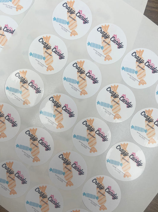 White circle stickers with sweet brand logo on it