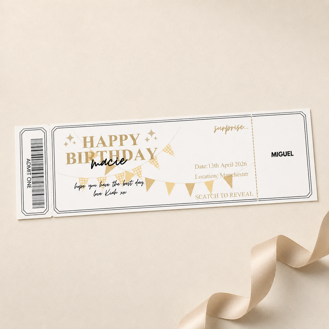 Personalised concert scratch-to-reveal birthday ticket