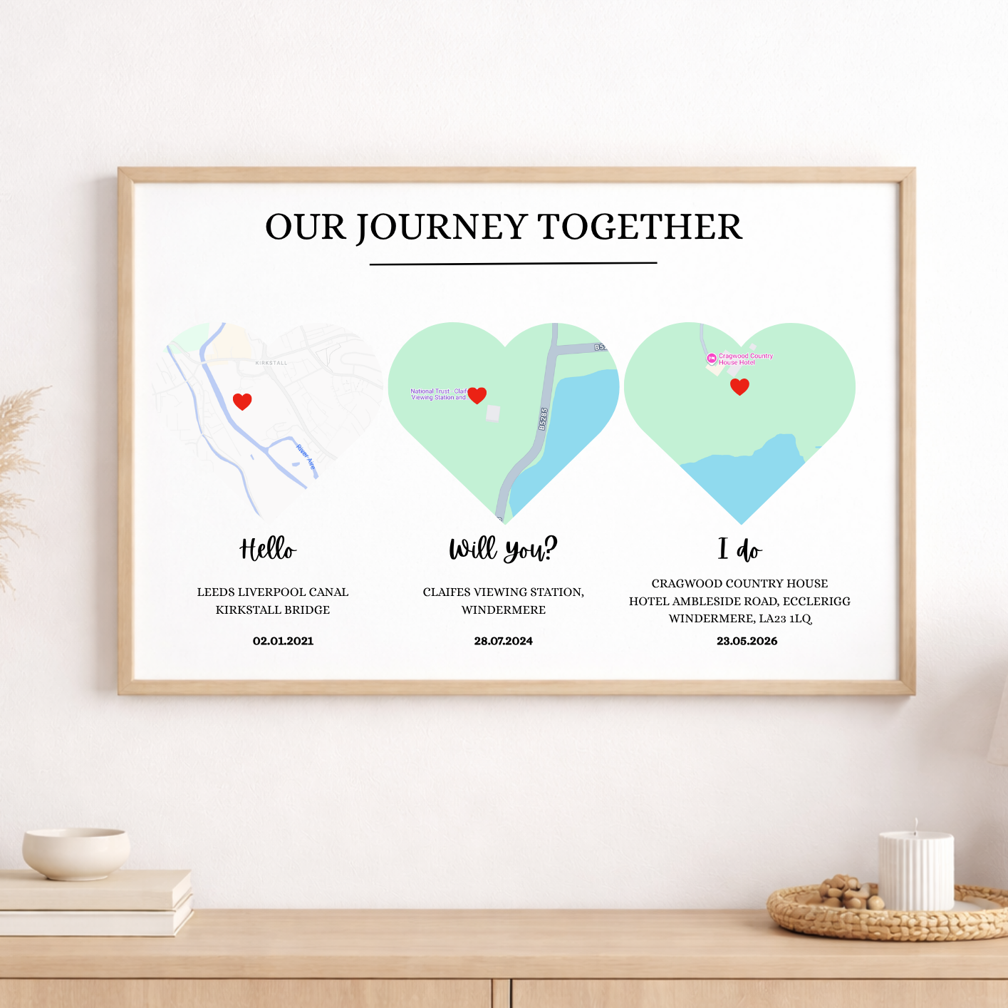 Framed artwork titled 'Our Journey Together' on a wooden surface with decorative items.