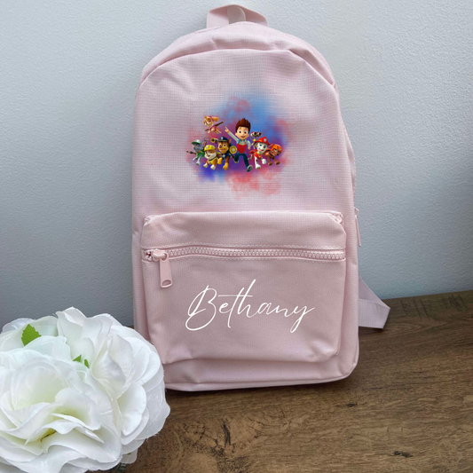 Pink personalised backpack with paw patrol design and child's name