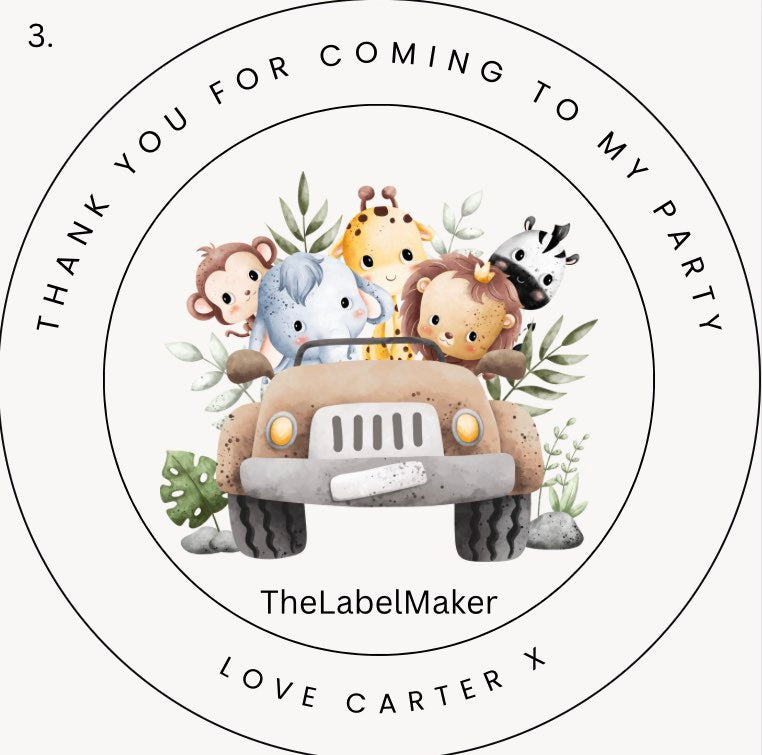 Personalised safari animal birthday party stickers with thank you message