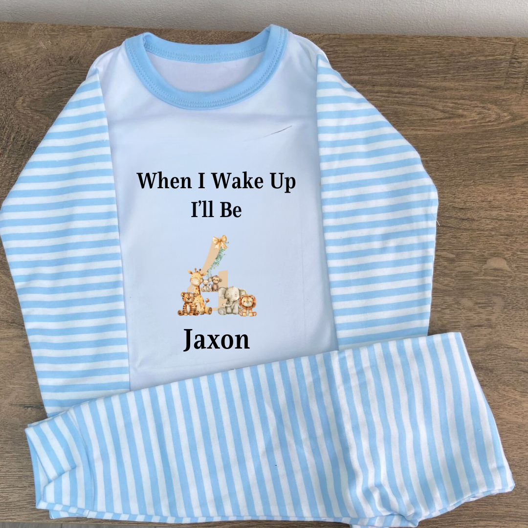 Blue striped pyjamas with the text when i wake up ill be 4 with animals around the number