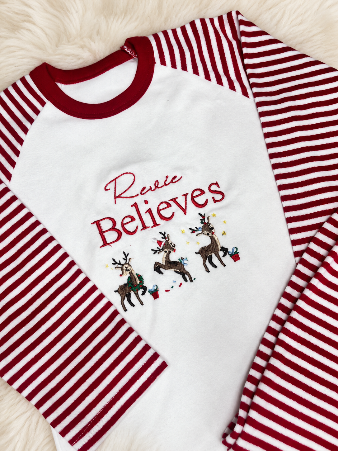 Children's Embroidered Christmas Pyjamas | Red Stripe