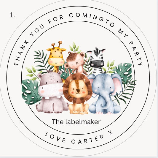 Safari party favour stickers with lion, giraffe, and elephant designs