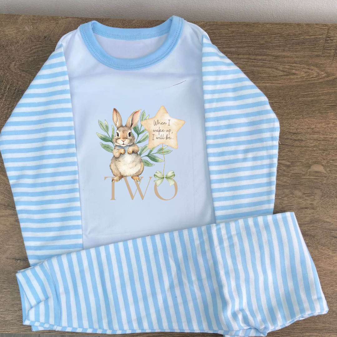 Blue when I wake up I'll be 2 with n image of a little bunny